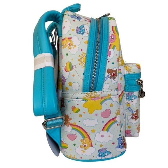 Loungefly Care Bears AOP Rainbow & Clouds Mini Backpack, White & Turquoise, NEW
